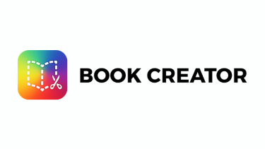 Colourful icon with dotted book and scissors, and beside it has letters that say "Book Creator"